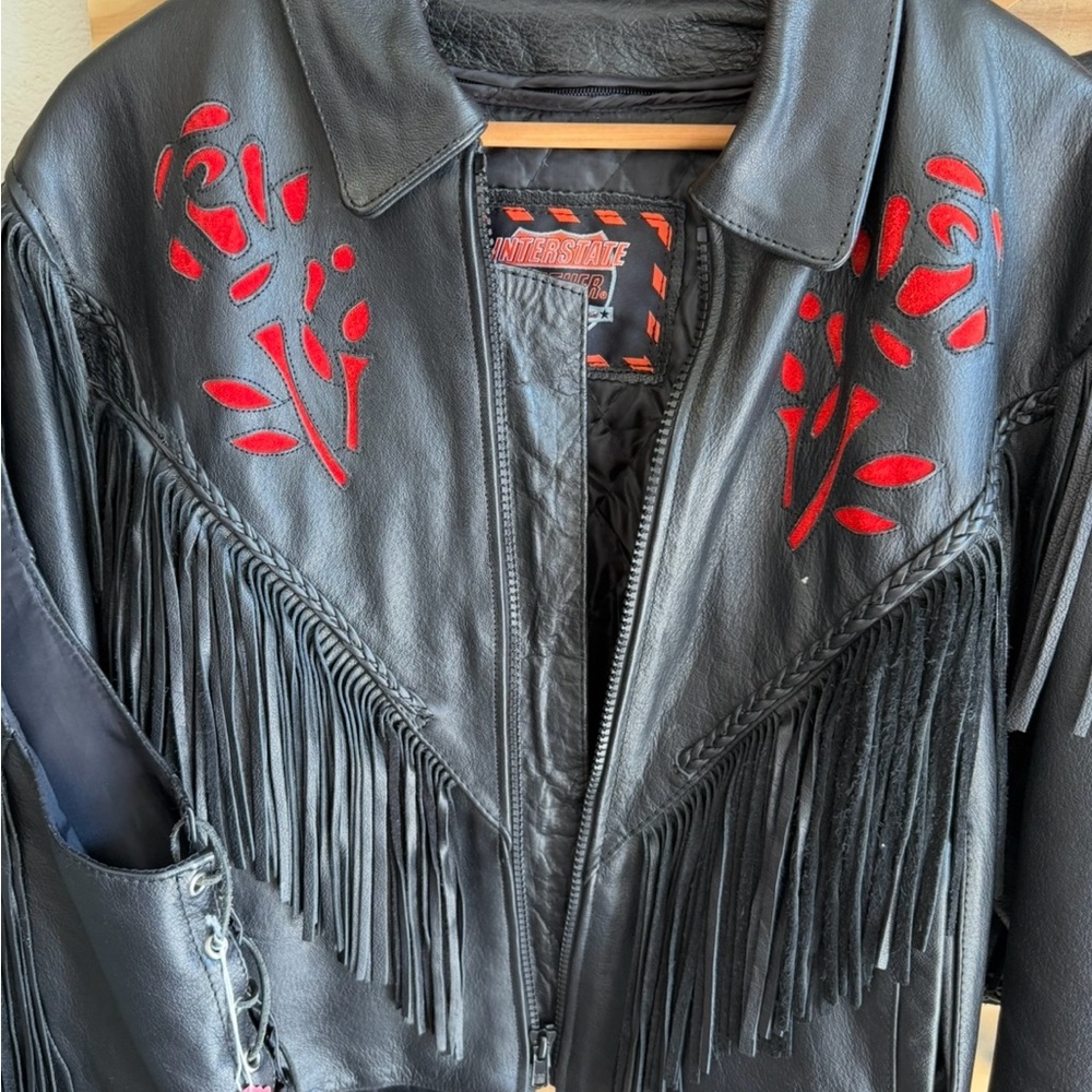 Interstate Leather Black Leather Jacket with Red rose detail. Sz lag Womans
